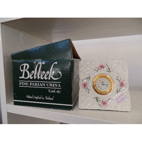 61 - BELLEEK MINIATURE CLOCK. PRETTY CERAMIC FRAME. WITH BOX.