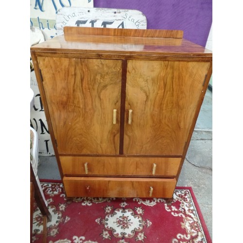 250 - ART DECO WALNUT VENEERED TALLBOY WITH BAKELITE HANDLES - CUPBOARD OVER 2 DRAWERS