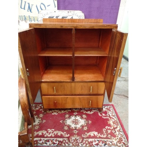 250 - ART DECO WALNUT VENEERED TALLBOY WITH BAKELITE HANDLES - CUPBOARD OVER 2 DRAWERS