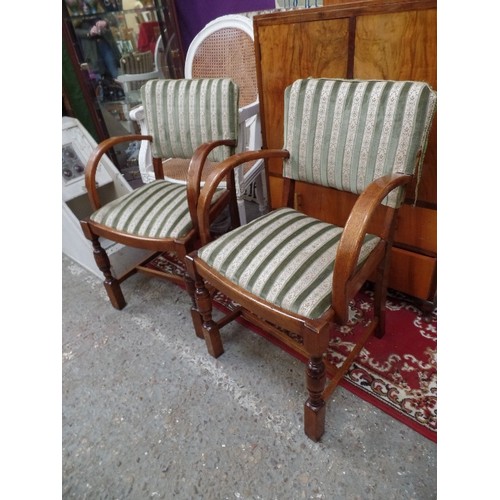 251 - GOOD PAIR OF 1930'S DESK CHAIRS WITH BENTWOOD ARMS IN THE ART DECO STYLE UPHOLSTERED IN A GREEN REGE... 