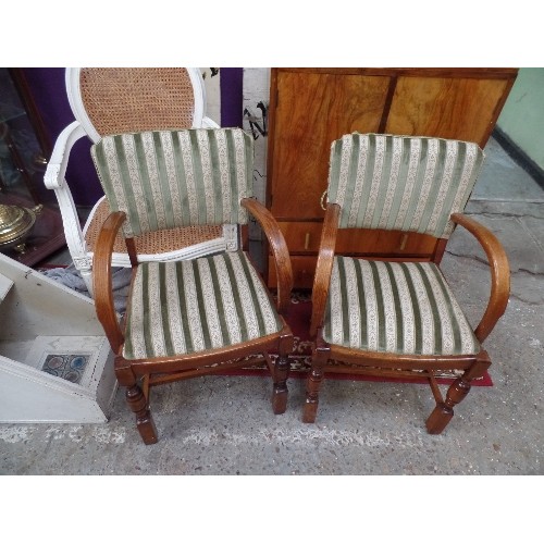 251 - GOOD PAIR OF 1930'S DESK CHAIRS WITH BENTWOOD ARMS IN THE ART DECO STYLE UPHOLSTERED IN A GREEN REGE... 