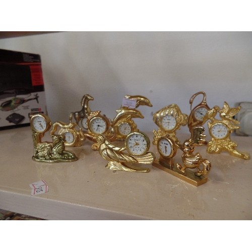 42 - COLLECTION OF 10 GOLD PLATED NOVELTY MINIATURE CLOCKS