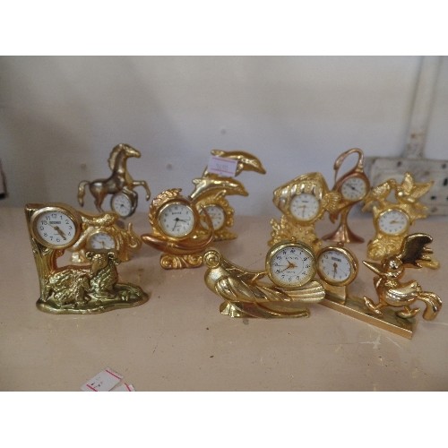 42 - COLLECTION OF 10 GOLD PLATED NOVELTY MINIATURE CLOCKS