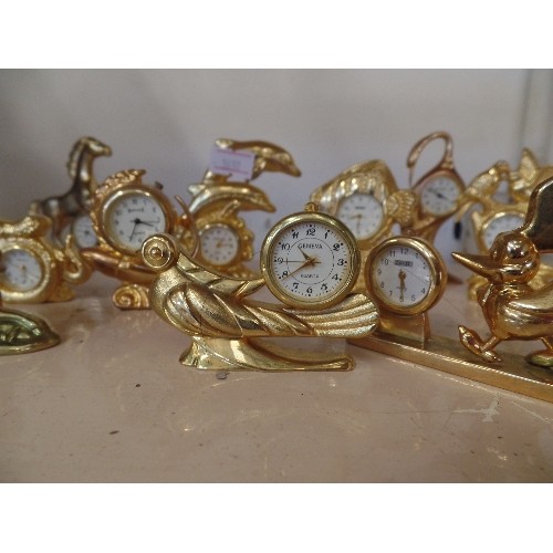 42 - COLLECTION OF 10 GOLD PLATED NOVELTY MINIATURE CLOCKS