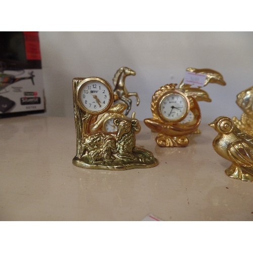 42 - COLLECTION OF 10 GOLD PLATED NOVELTY MINIATURE CLOCKS