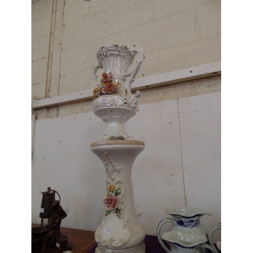 82 - A LARGE CAPODIMONTE VASE ON STAND  - TOTAL HEIGHT 92CM