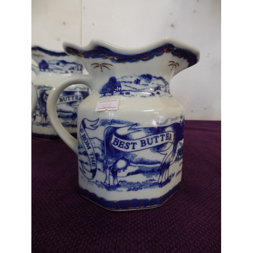 81 - 5 X GRADUATED BLUE AND WHITE MILK JUGS 