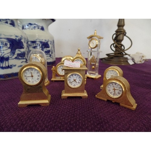 80 - COLLECTION OF 9 MINIATURE GILT CLOCKS INC ANNIVERSARY CLOCK, MANTEL CLOCK, BALLOON CLOCK , LONGCASE ... 