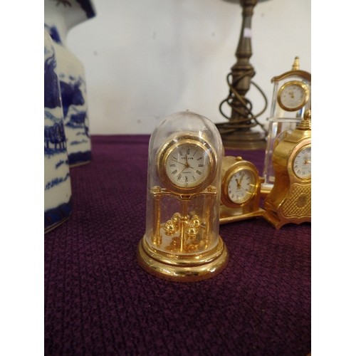 80 - COLLECTION OF 9 MINIATURE GILT CLOCKS INC ANNIVERSARY CLOCK, MANTEL CLOCK, BALLOON CLOCK , LONGCASE ... 