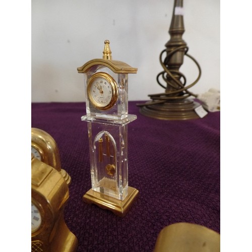 80 - COLLECTION OF 9 MINIATURE GILT CLOCKS INC ANNIVERSARY CLOCK, MANTEL CLOCK, BALLOON CLOCK , LONGCASE ... 