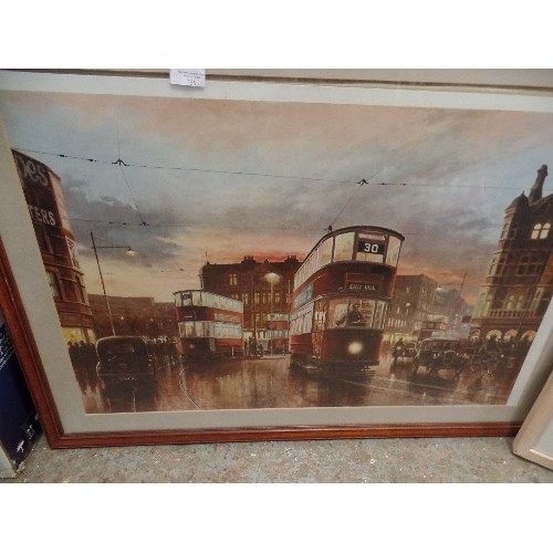 130 - TWO FRAMED AND GLAZED PRINTS OF TRAMS, THE LARGEST  - 90CM X 65CM