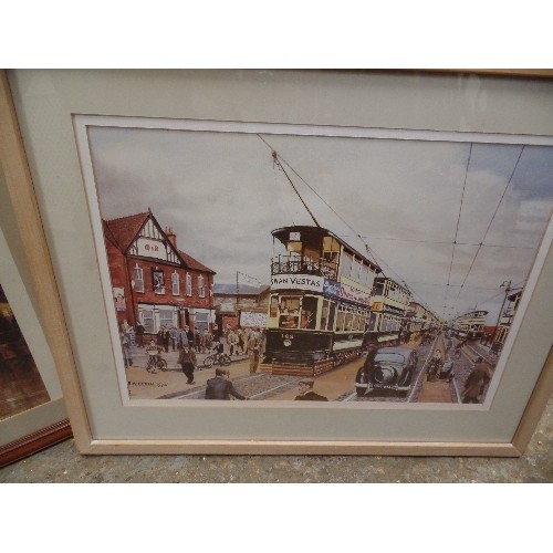 130 - TWO FRAMED AND GLAZED PRINTS OF TRAMS, THE LARGEST  - 90CM X 65CM