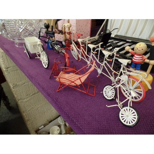 69 - AN UNUSUAL COLLECTION OF WIRE WORK BICYCLES, DELIVERY BIKE, DECKCHAIR AND 