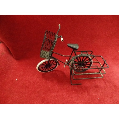 69 - AN UNUSUAL COLLECTION OF WIRE WORK BICYCLES, DELIVERY BIKE, DECKCHAIR AND 