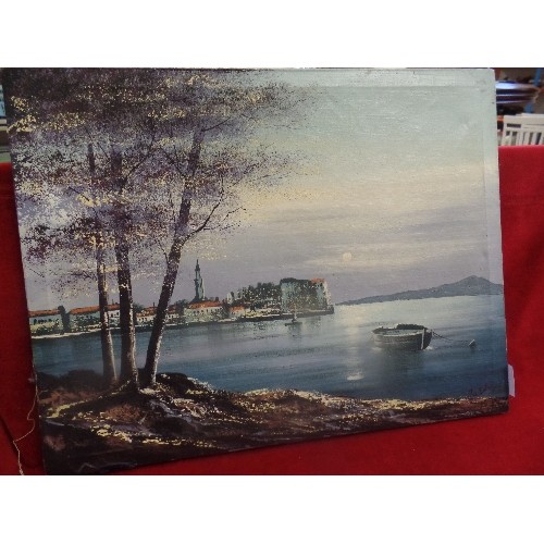 113 - 20TH CENTURY UNFRAMED OIL ON CANVAS OF A MEDITERRANEAN COASTAL SCENE - 53CM X 42CM - SIGNED INDISTIN... 