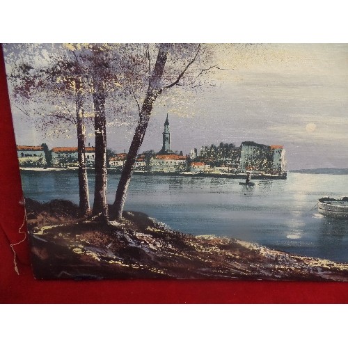 113 - 20TH CENTURY UNFRAMED OIL ON CANVAS OF A MEDITERRANEAN COASTAL SCENE - 53CM X 42CM - SIGNED INDISTIN... 