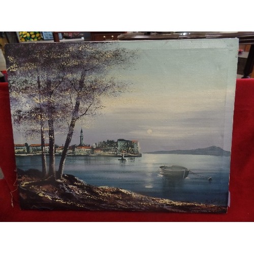 113 - 20TH CENTURY UNFRAMED OIL ON CANVAS OF A MEDITERRANEAN COASTAL SCENE - 53CM X 42CM - SIGNED INDISTIN... 