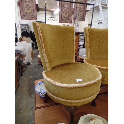 198 - PAIR OF BEDROOM CHAIRS UPHOLSTERED IN GOLD VELOUR FABRIC - CABRIOLE LEGS