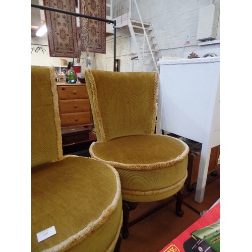 198 - PAIR OF BEDROOM CHAIRS UPHOLSTERED IN GOLD VELOUR FABRIC - CABRIOLE LEGS