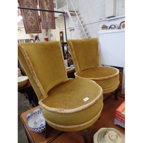 198 - PAIR OF BEDROOM CHAIRS UPHOLSTERED IN GOLD VELOUR FABRIC - CABRIOLE LEGS