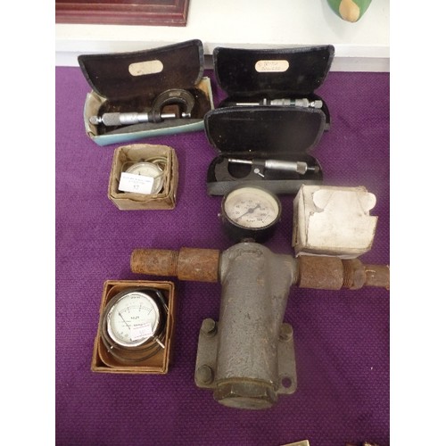 57 - COLLECTION OF VINTAGE ENGINEERING TOOLS - VOLT METERS, PRESSURE METERS, MICROMETER GAUGE