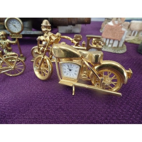 58 - COLLECTION OF 6 GILT METAL MINIATURE CLOCKS - VEHICLE THEME - TRACTOR, MOTORBIKE, STEAM TRAIN ETC