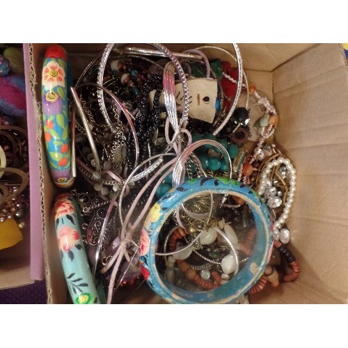 140 - TWO BOXES OF COSTUME JEWELLERY BEADS AMD BANGLES