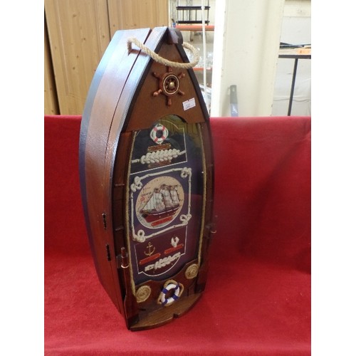 162 - BOAT SHAPED WOODEN BOX,  THE LID DECORATED WITH NAUTICAL KNOTS