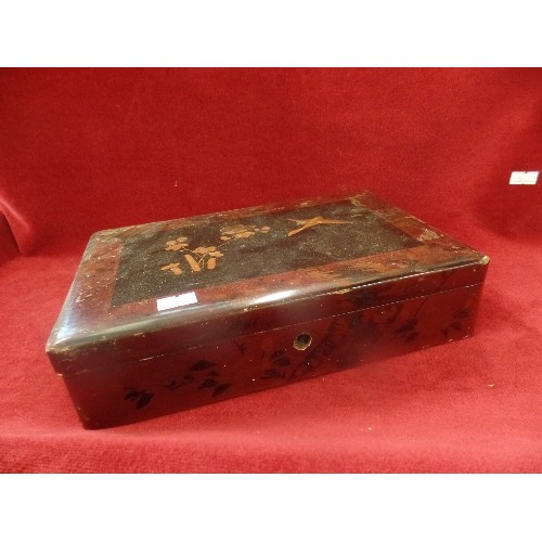 171 - EDWARIAN ORIENTAL STYLE LACQUERED BOX DECORATED WITH A BIRD AND FLOWERS