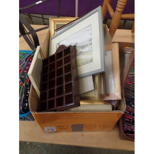 183 - BOX OF PICTURES, PRINTS, FRAMES  AND COLLECTORS SECTIONAL TRAY