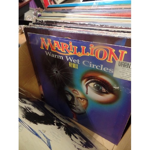 215 - GOOD BOX OF LP VINYL RECORDS AND 45RPM. INCLUDES 4 X MARILLION ALBUMS, LED ZEPPELIN 3, ELVIS 