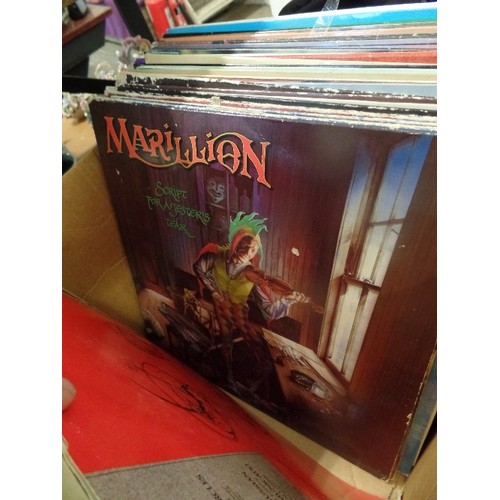 215 - GOOD BOX OF LP VINYL RECORDS AND 45RPM. INCLUDES 4 X MARILLION ALBUMS, LED ZEPPELIN 3, ELVIS 