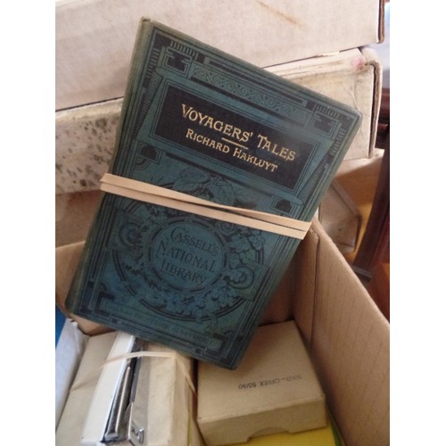 221 - BOX OF STATIONERY AND OTHER ITEMS INC STAPLERS, BINOCULARS, VINTAGE BOOK 