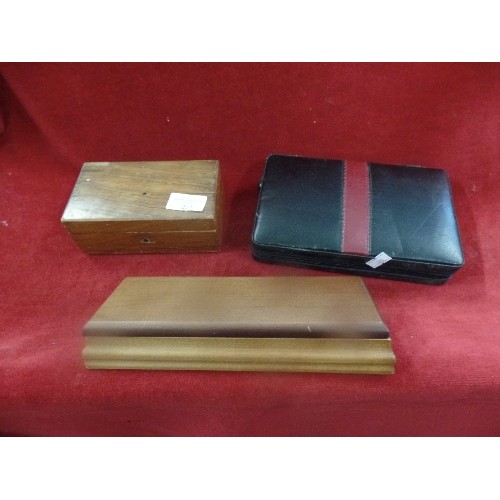 222 - THREE BOXES WITH PLAYING CARDS - ONE LEATHER, TWO WOOD