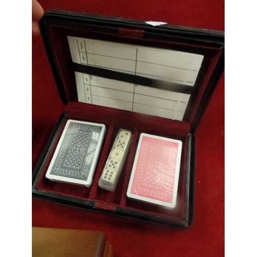 222 - THREE BOXES WITH PLAYING CARDS - ONE LEATHER, TWO WOOD