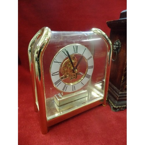 231 - FOUR CLOCKS - DIFFERENT STYLES - REPRODUCTION MANTLE CLOCK, PERSPEX & BRASS SKELETON CLOCK, PINE FRA... 