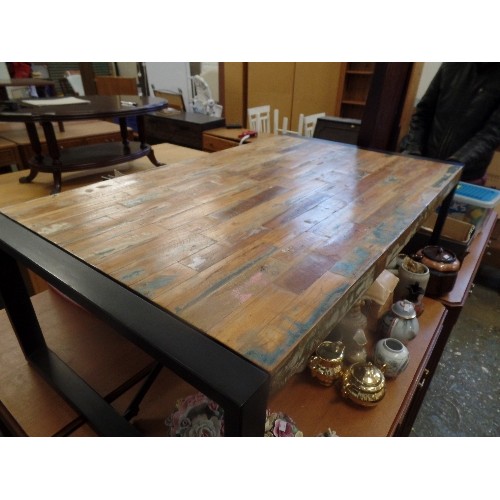 207 - LARGE INDUSTIAL STYLE METAL AND RECLAIMED WOODBLOCK COFFEE TABLE - 120CM X 70CM X 42CM