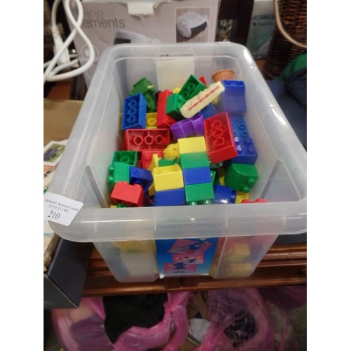 210 - BOX OF LARGE LEGO TYPE BLOCKS BY LI-LO IN PLASTIC TUB