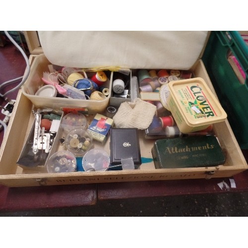 194 - LARGE BERTANI BOX WITH SEWING CONTENTS - COTTONS, SCISSORS, BUTTONS ETC