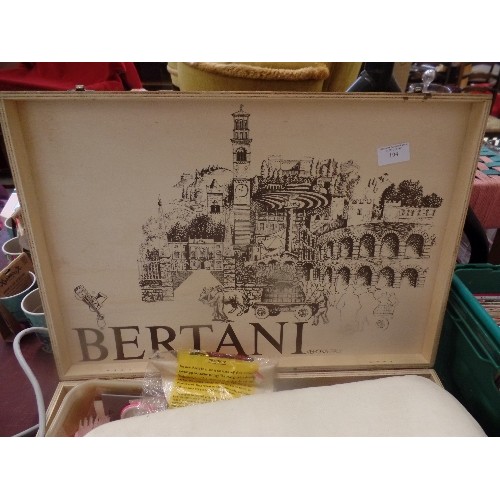 194 - LARGE BERTANI BOX WITH SEWING CONTENTS - COTTONS, SCISSORS, BUTTONS ETC