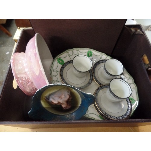 226 - BOX OF MIXED CHINA INC PAIR BULB PLANTERS, ESPRESSO CUPS & SAUCERS, SYLVAC PINK VASE ETC