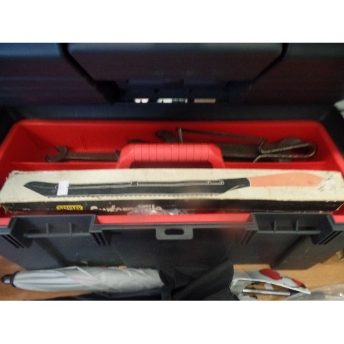 251 - LARGE PLASTIC TOOLBOX AND CONTENTS. WITH LIFT OUT TRAY - SPANNERS, ASSORTED SCREWS ETC