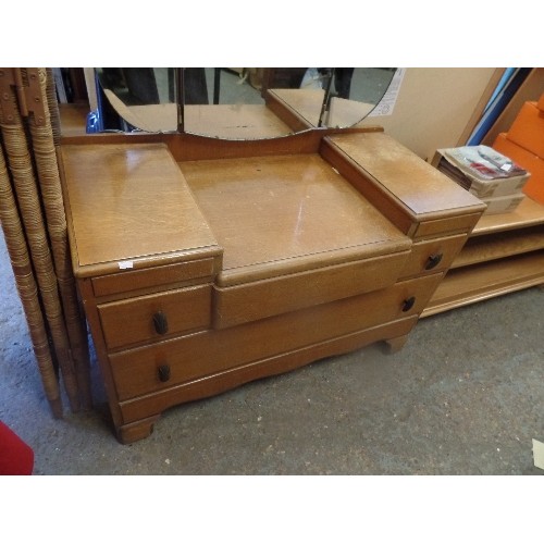 258 - MID CENTURY BEECH DRESSING TABLE WITH TRIPLE MIRROR