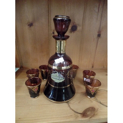 332 - BELL DECANTER AND 6 GLASSES - GILT DECORATION