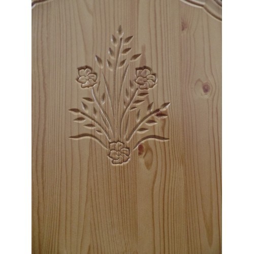 352 - PINE EFFECT WARDROBE WITH TWO DRAWERS - CARVED DETAIL IN DOORS - MISSING A DOOR KNOB