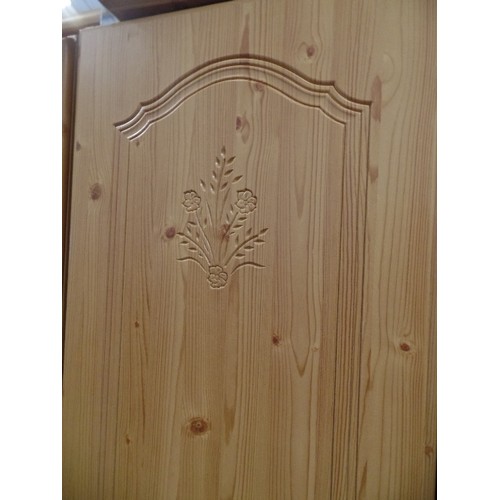 353 - PINE EFFECT WARDROBE - CARVED DETAIL IN DOORS - MISSING A DOOR KNOB