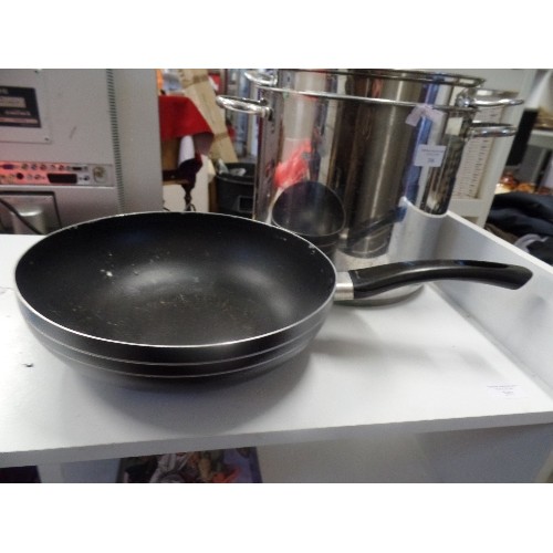 396 - STAINLESS STEEL LARGE COOKING POT WITH 2 HANDLES, A SMALLER ONE, A WOK AND A FRYING PAN BY DELIMANO