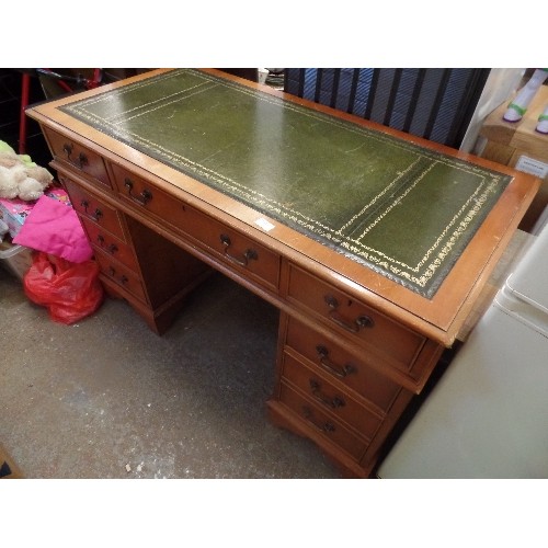 388 - TWIN PEDESTAL BANKERS DESK WITH GREEN LEATHER TOP