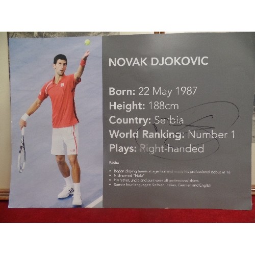 114 - SIGNED PROMOTIONAL POSTER OF TENNIS PLAYER NOVAK DJOKOVIC  - WITH STATISTICS AND PROFILE - 43CM X 30... 