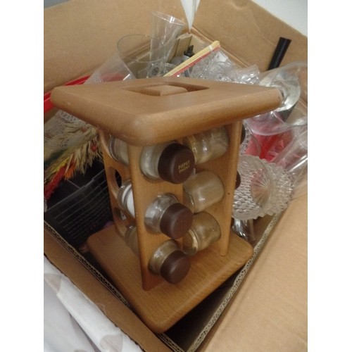 422 - 2 BOXES OF KITCHENWARE, GLASSES, SPICE RACK ETC